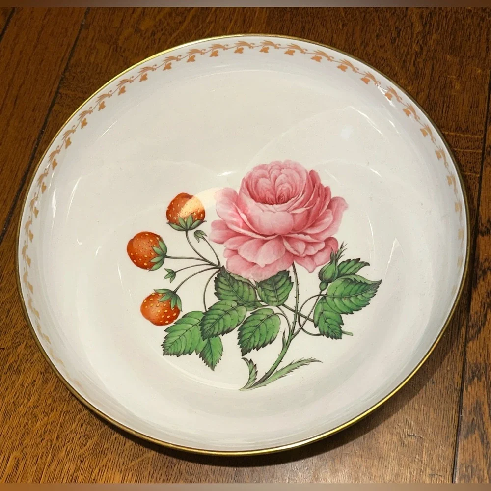 Vintage Spode Bone China England Large Green & White Bowl Pink Rose Strawberries